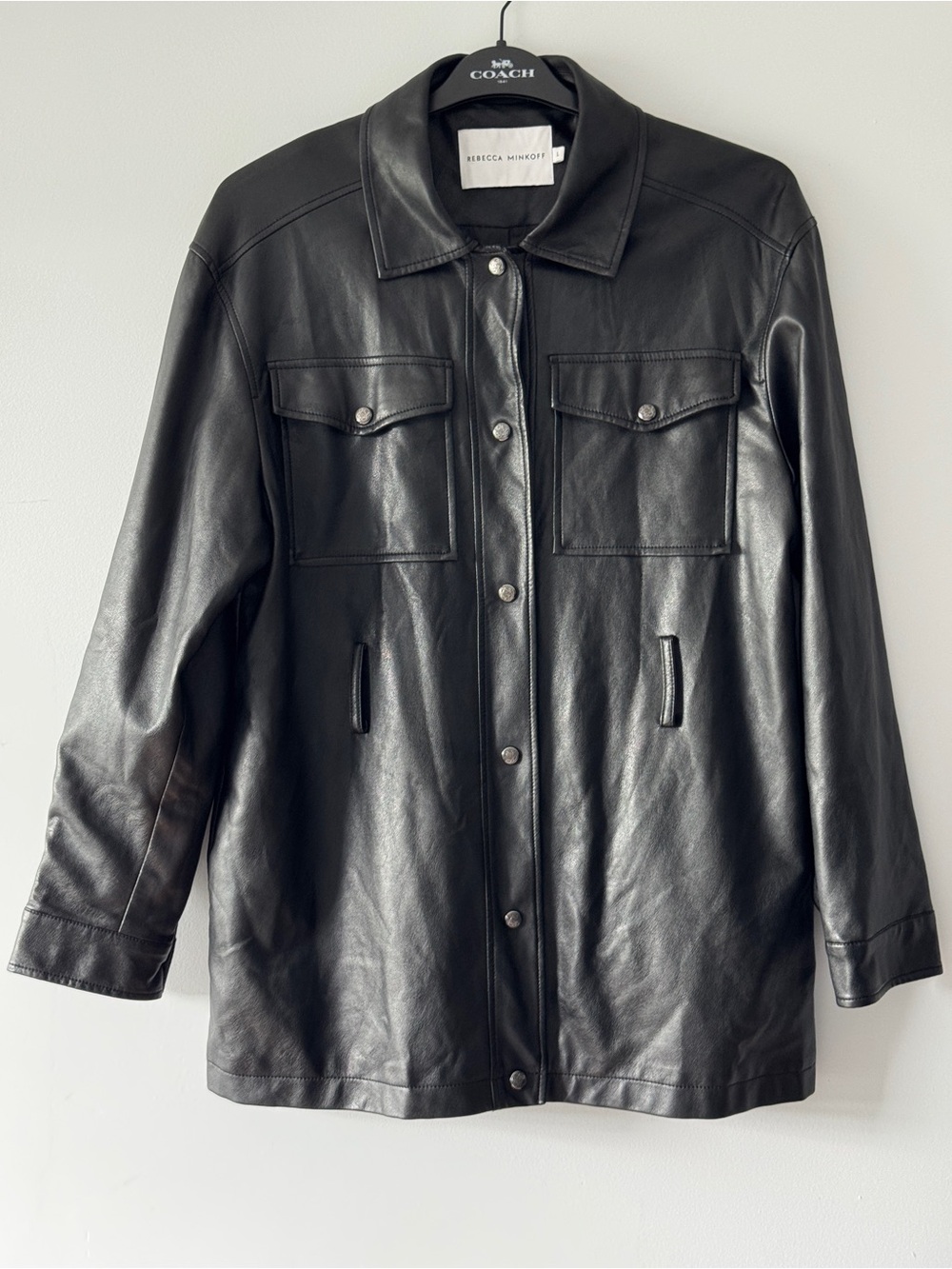Rebecca Minkoff Black Faux Leather Button Down Shirt Jacket Shacket L